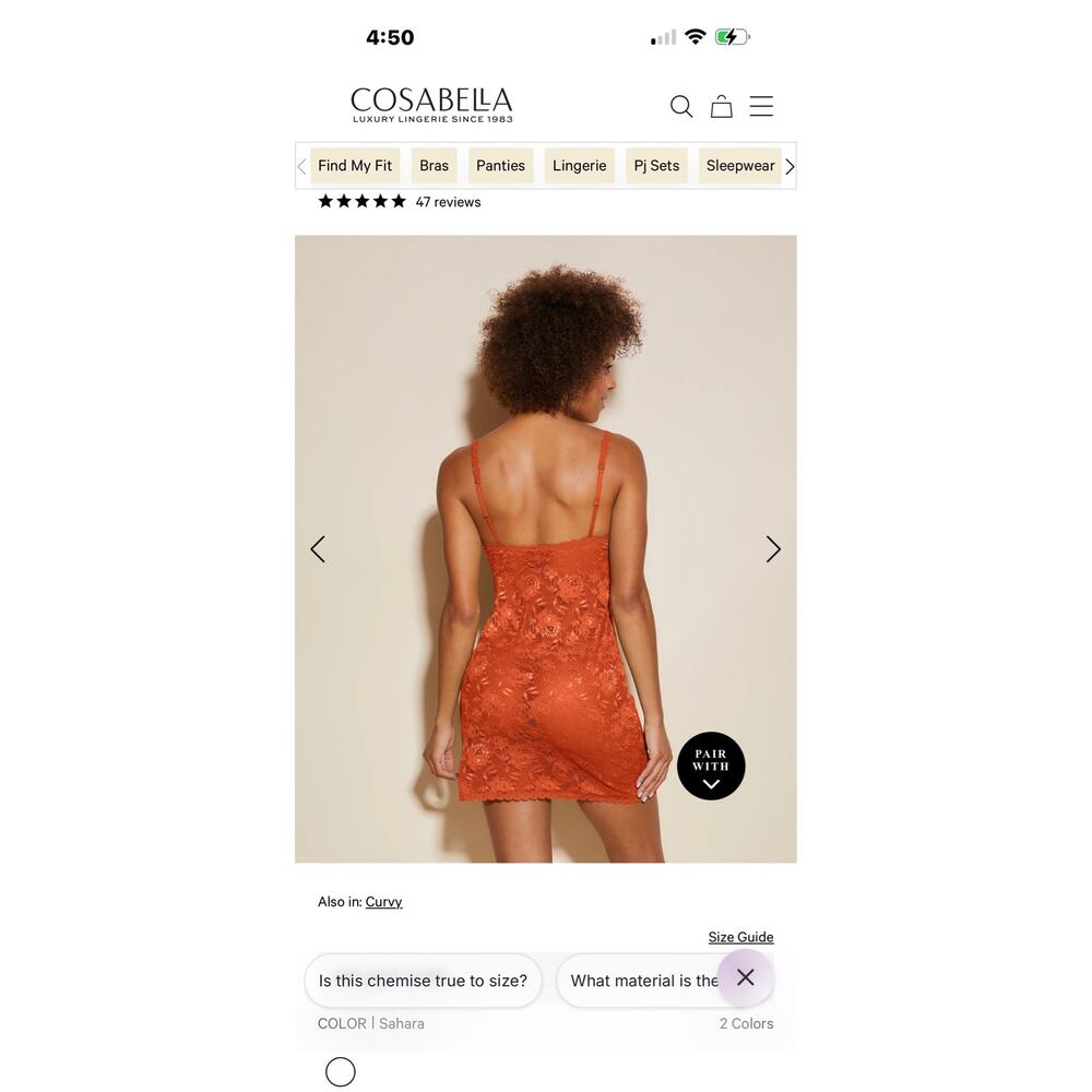 Cosabella Women’s M Orange Floral Lace Chemise Dress Sleeveless Scoop Neck
